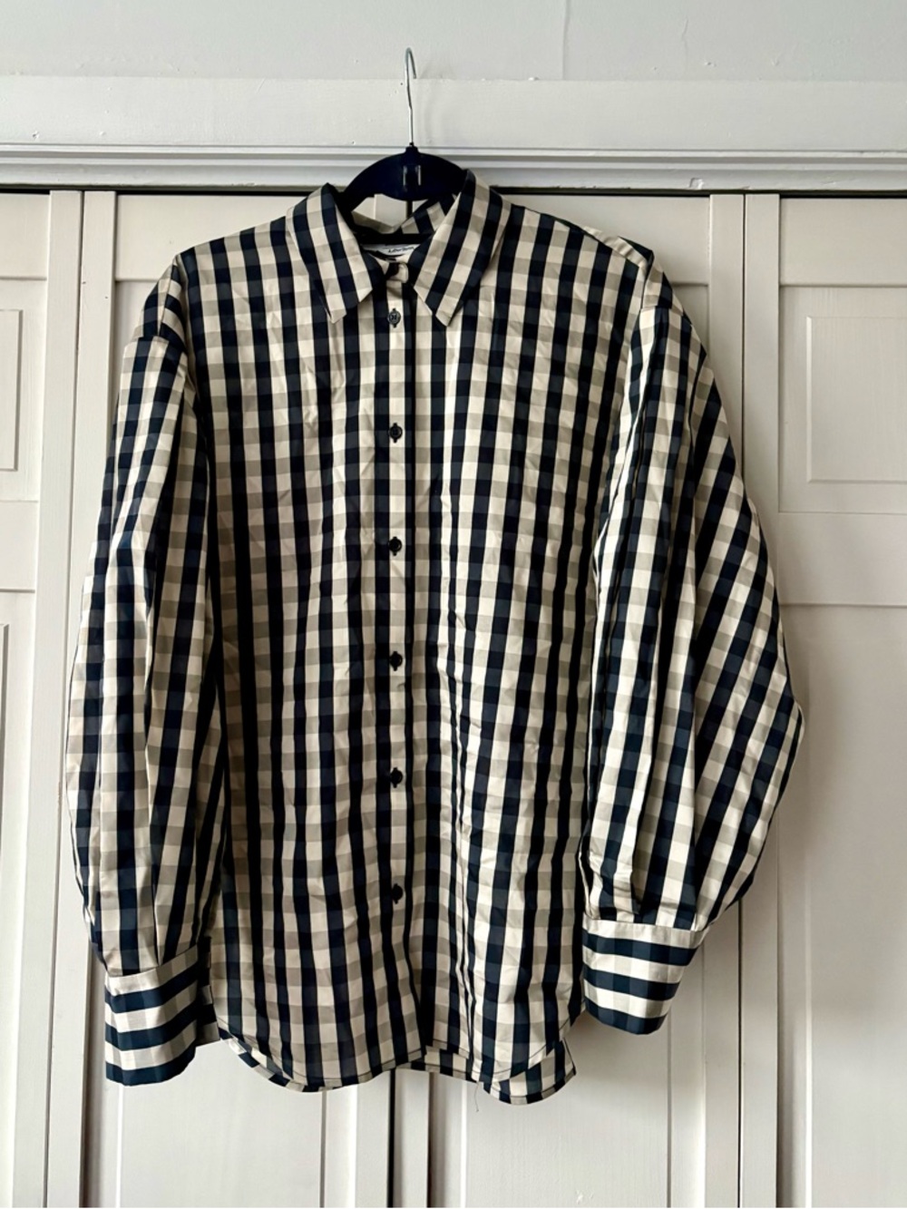 & Other Stories Black and White Checked Button-Down with bubble sleeves